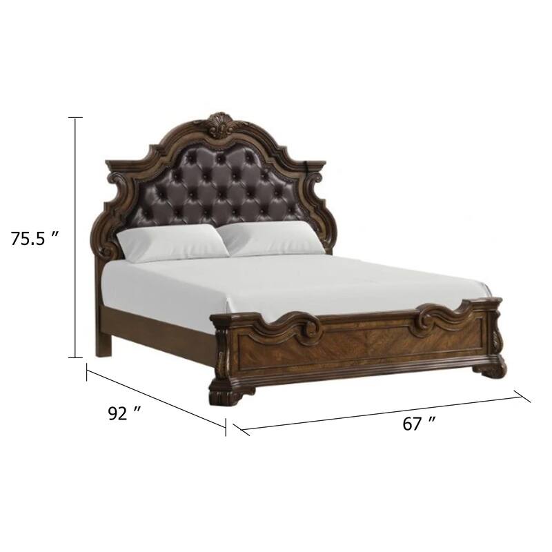 Leova Queen Bed, Bombay Headboard, Faux Leather Upholstery, Dark Brown