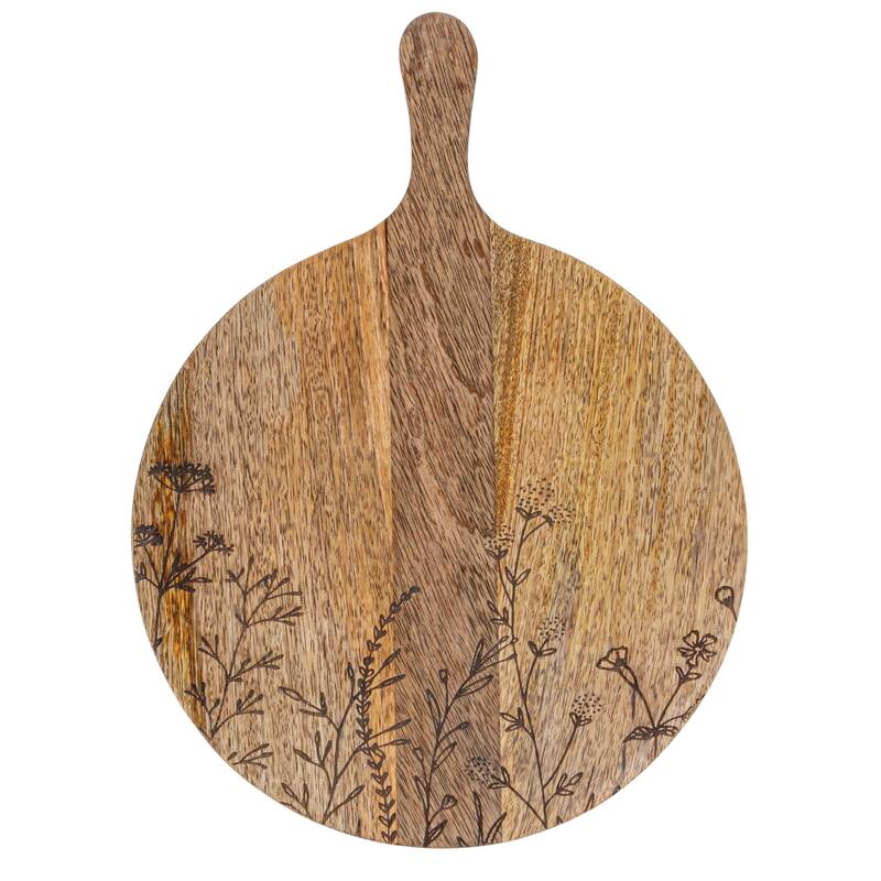 Mango Wood Cheese Board with Laser Etched Flowers - 15.8"L x 11.8"W x 0.8"H