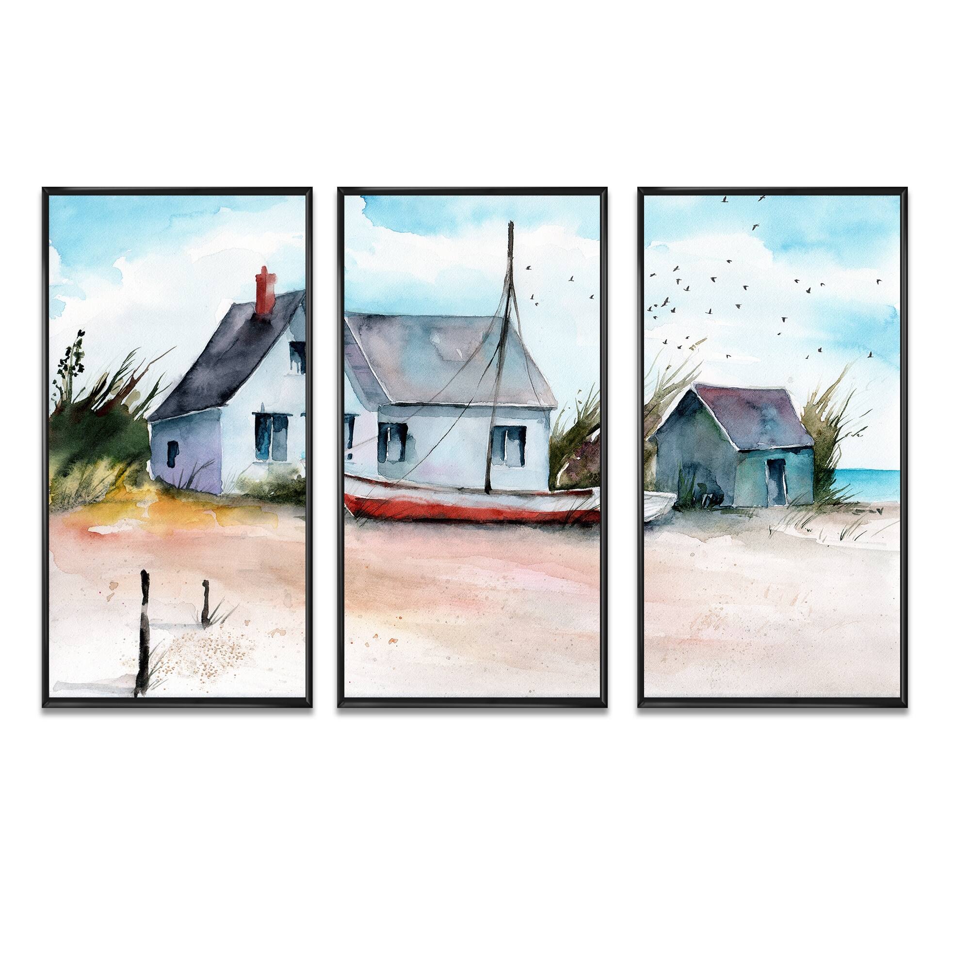 Designart "House And A Boat On A Beach" Nautical & Coastal Framed