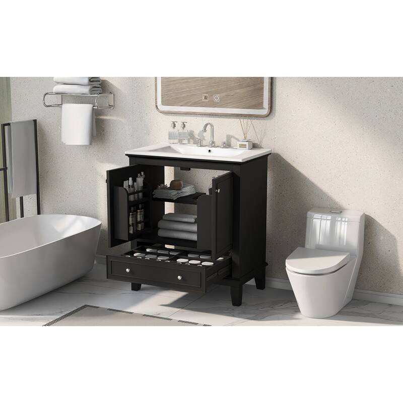 GDFStudio - Emerson 30-Inch Freestanding Bathroom Vanity with Ceramic Sink, Multi-functional Cabinet and Drawer, Painted Finish