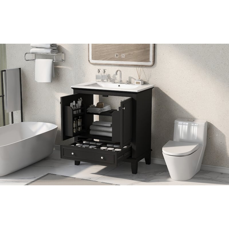 Roomfitters 30" Bathroom Vanity with Sink Combo, Cabinet with Doors and Drawer, Solid Wood and MDF Structure, Black
