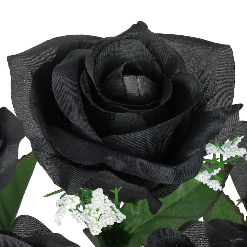 Set of 12 Black Artificial Open Rose Flower Stem Bush Bouquet 14in - 14" L x 7" W x 7" DP