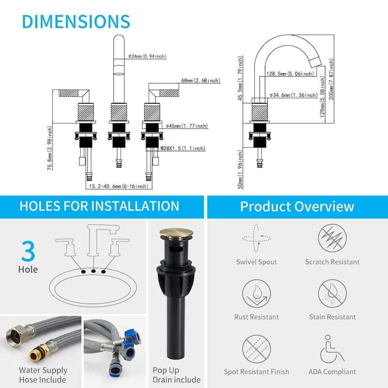 Bathroom Faucet 2 Handle 8 Inch Bathroom Sink Faucets Stainless Steel 3 Hole Widespread with Pop Up Drain and Water Supply Hoses