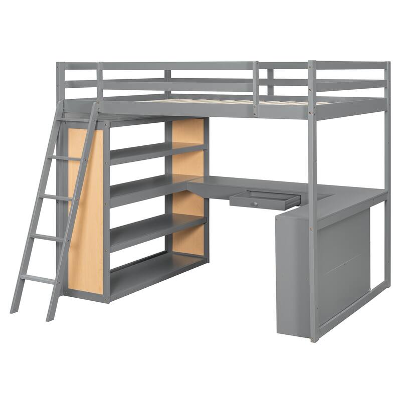 Roomfitters Full Size Loft Bed with Ladder, Shelves, and Desk, Solid Wood Frame, Space-Saving Study Bedroom Furniture, Gray