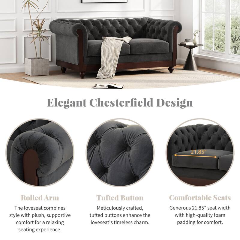 Vivalux 59.44" Chesterfield Velvet Loveseat Sofa, Black, Rolled Arms & Tufted Button, 2-Person Seating for Small Spaces