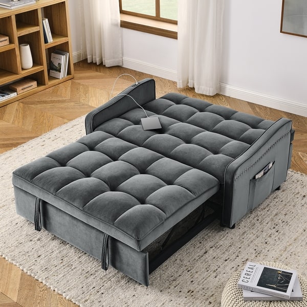 Grey Velvet Chair Bed with Pullout Chaise Lounge Loveseat, Pocket