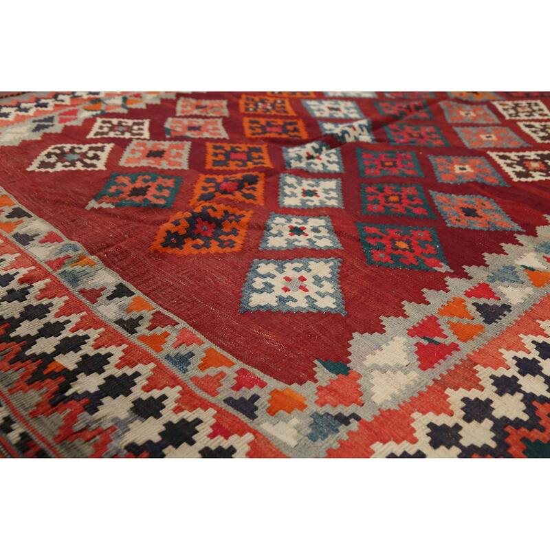 Tribal Kilim Qashqai Persian Vintage Rug Hand-Woven Red Wool Carpet - 5'0"x 6'8"