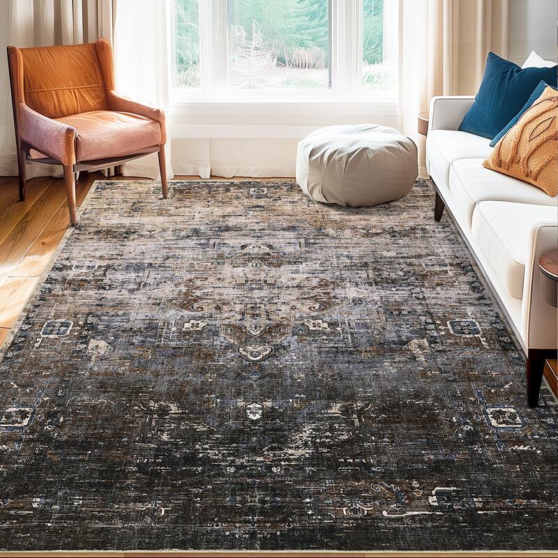 Ombre Vintage Area Rug Distressed Washable Living Room Bedroom Rug Indoor Carpet Ultra-Thin Soft Rug Non-Slip - Brown Multi - 8*10ft