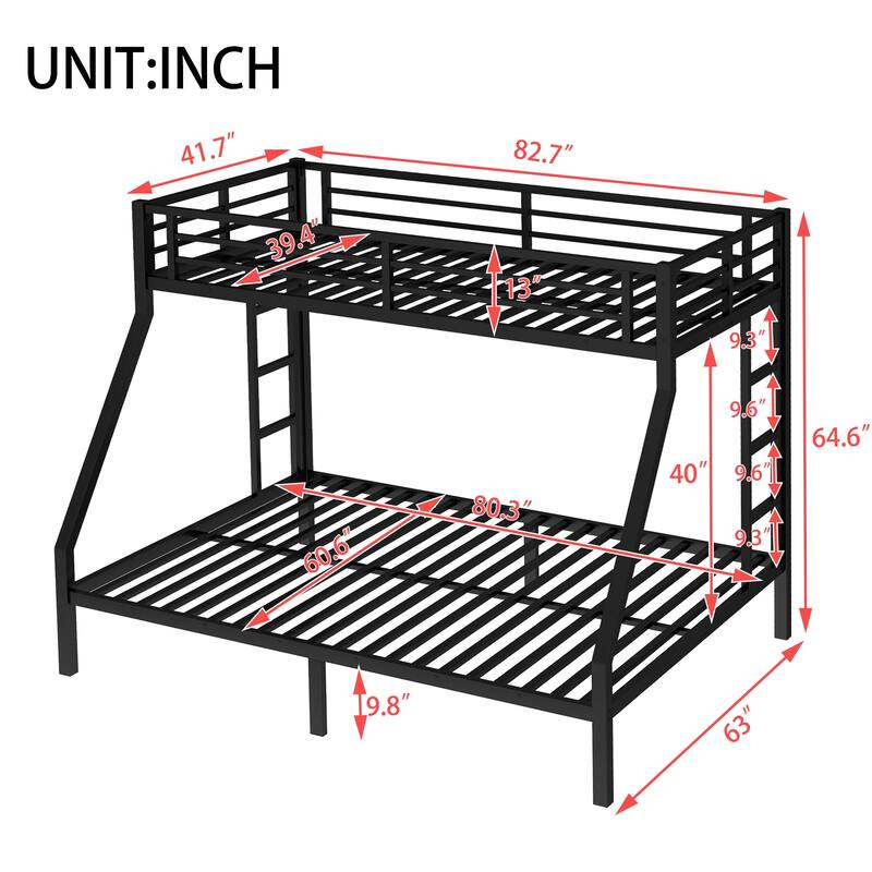 Metal Bunk Bed Frame with Safety Guardrail, Heavy Duty Metal Slat Support, Noise Free