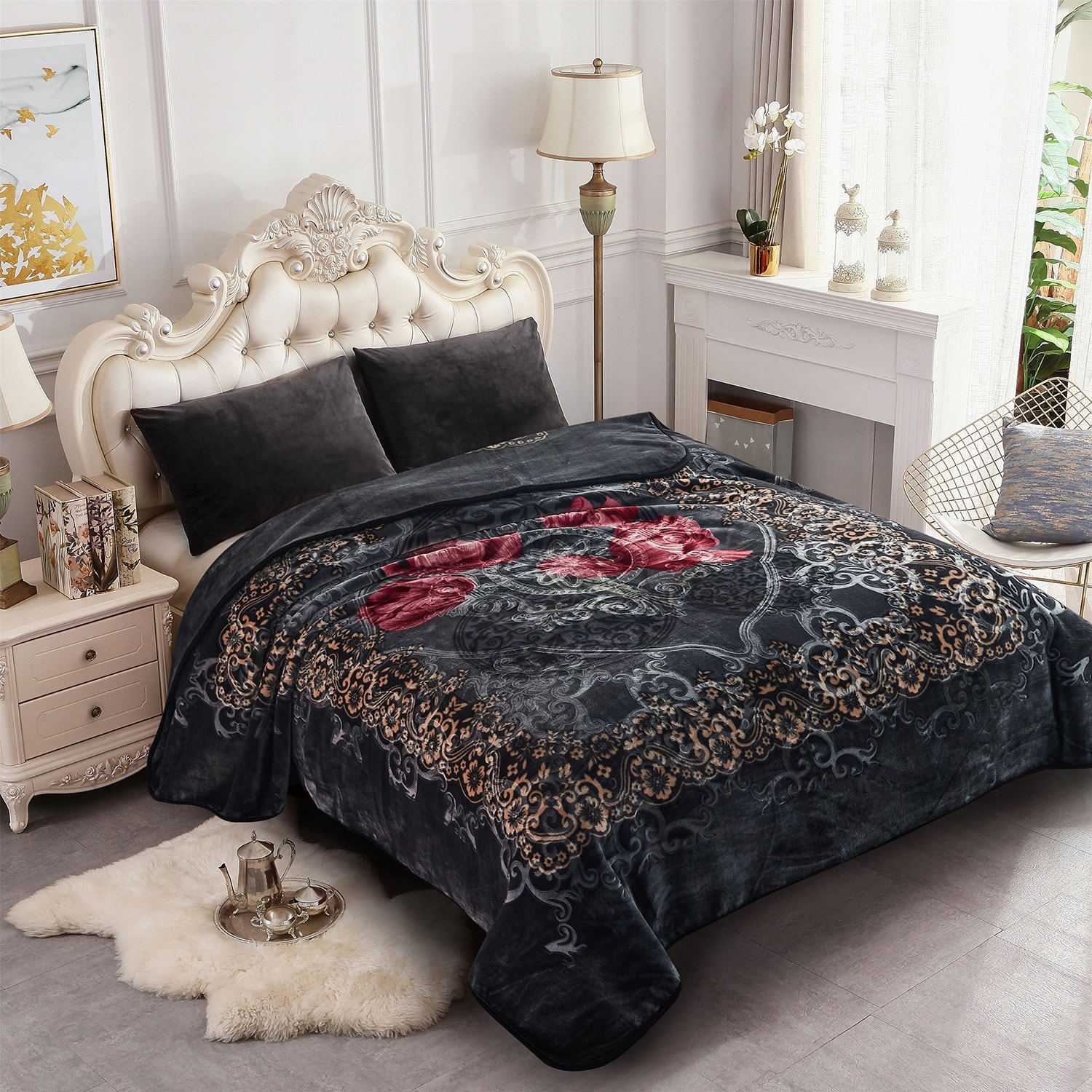 Heavy Crafted Thick Floral 9 pound Winter Fleece Blanket 85 x95 Dark Grey