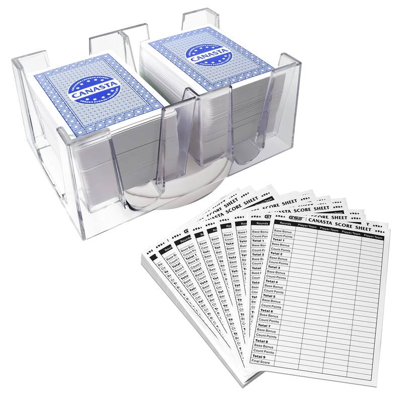 GSE™ Canasta Cards Game Set with 6-Deck Canasta Playing Cards with Point Values, a Revolving Card Holder/Tray & 100 Score Pads - Blue
