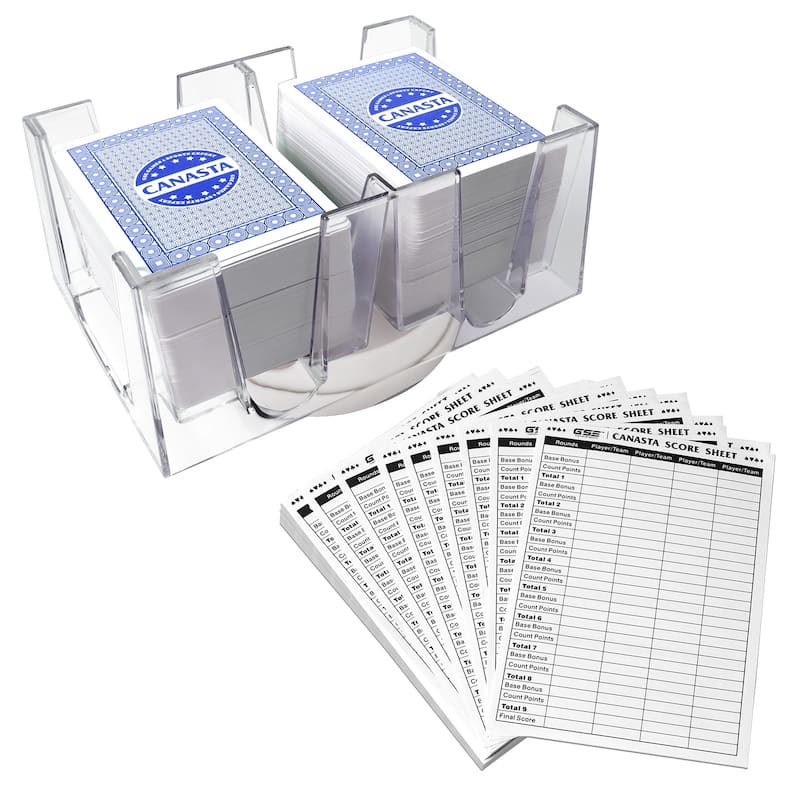 GSE Canasta Cards Game Set, Includes Canasta Playing Cards with Point Values, Revolving Card Tray, Score Sheets - Blue - 6-Deck Set