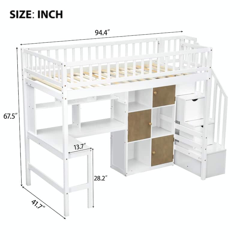 Wooden Twin Loft Bed with Built-in Desk, LED Lights, Storage Shelves, Cabinets & Staircase