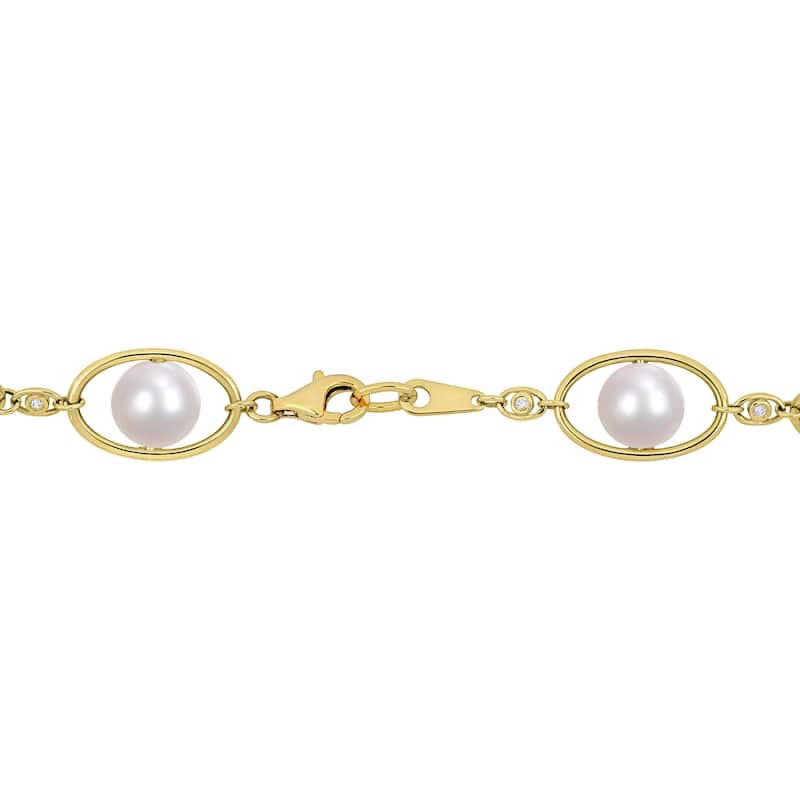 Miadora Freshwater Cultured Pearl & 1/3ct TGW CZ Necklace in Yellow Plated Sterling Silver (8-8.5mm)