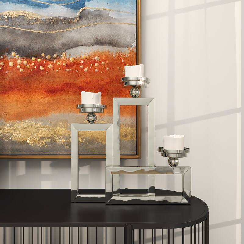 Silver Stainless Steel Metal Open Frame Geometric Candelabra with Overlapping Rectangles