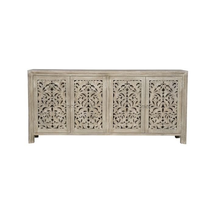 HomeRoots 78" Gray Distressed Solid Wood Carved Floral Sideboard with Four Doors - 78.00 in. x 36.00 in. x 16.00 in.