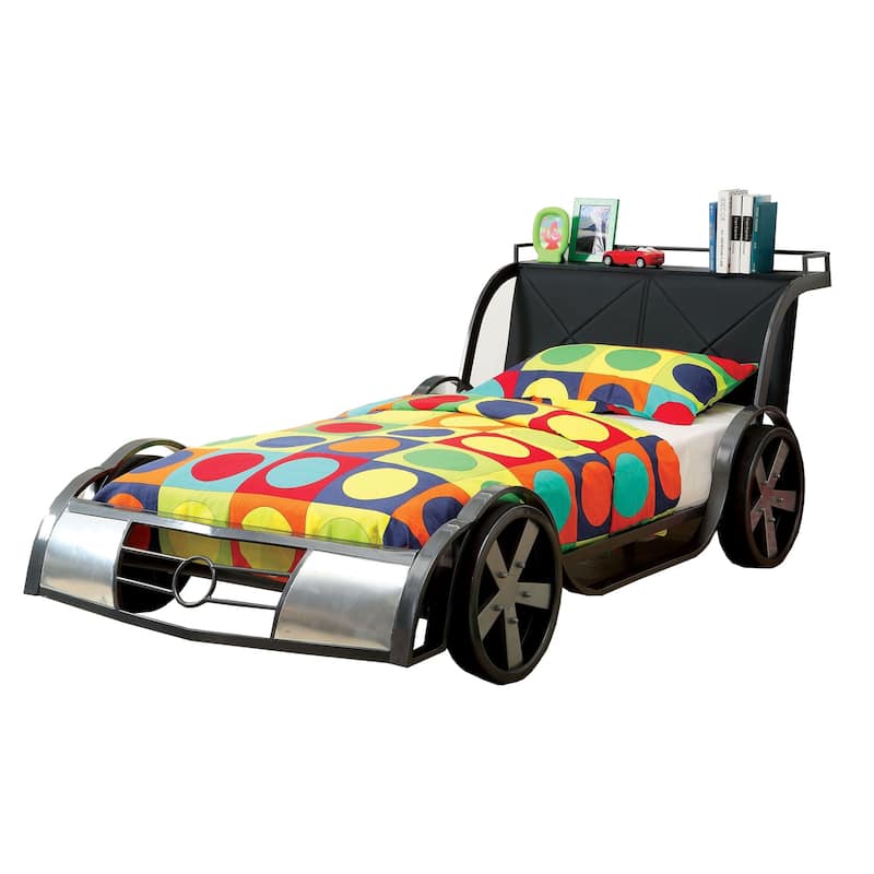 Twin Size Metal Bed Frame - French Flair Racing Style Bed - Silver & Black Finish