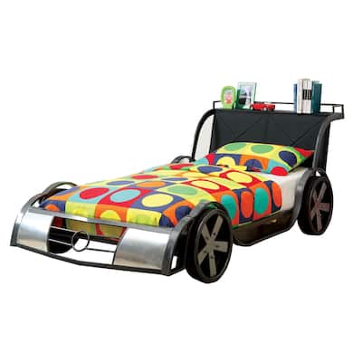 Twin Size Metal Bed Frame - French Flair Racing Style Bed - Silver & Black Finish