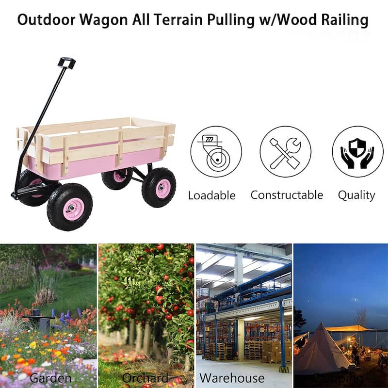 Outdoor Garden Cart, All Terrain Cargo Wagon Wood Railing Children - 39.37" x 19.3" x 20.28" (L x W x H)