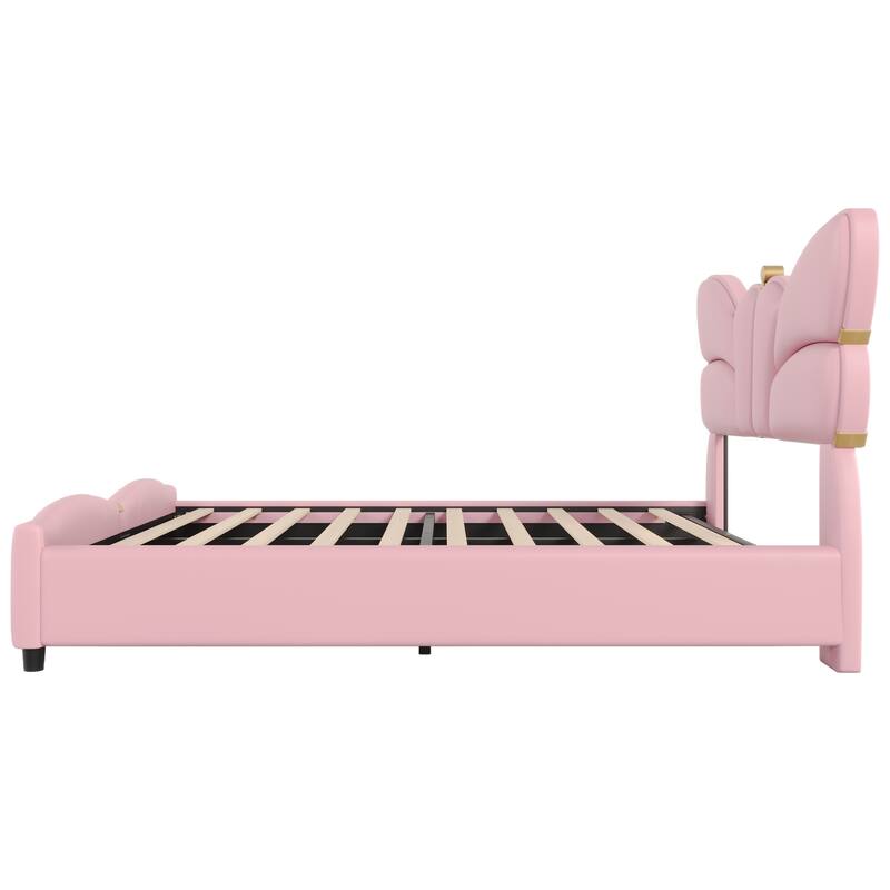 Full Size Upholstered PU Leather Bed Frame with Butterfly Headboard, Gold Metal Decorations, No Box Spring Needed, Light Pink