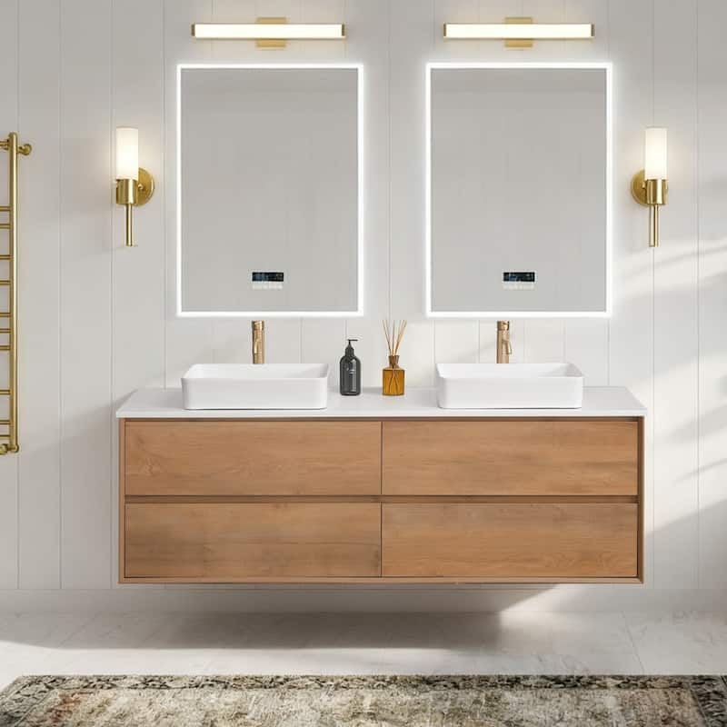 Sylphar 72 inch Toffee Oak Floating Bathroom Vanity with White Quartz Top