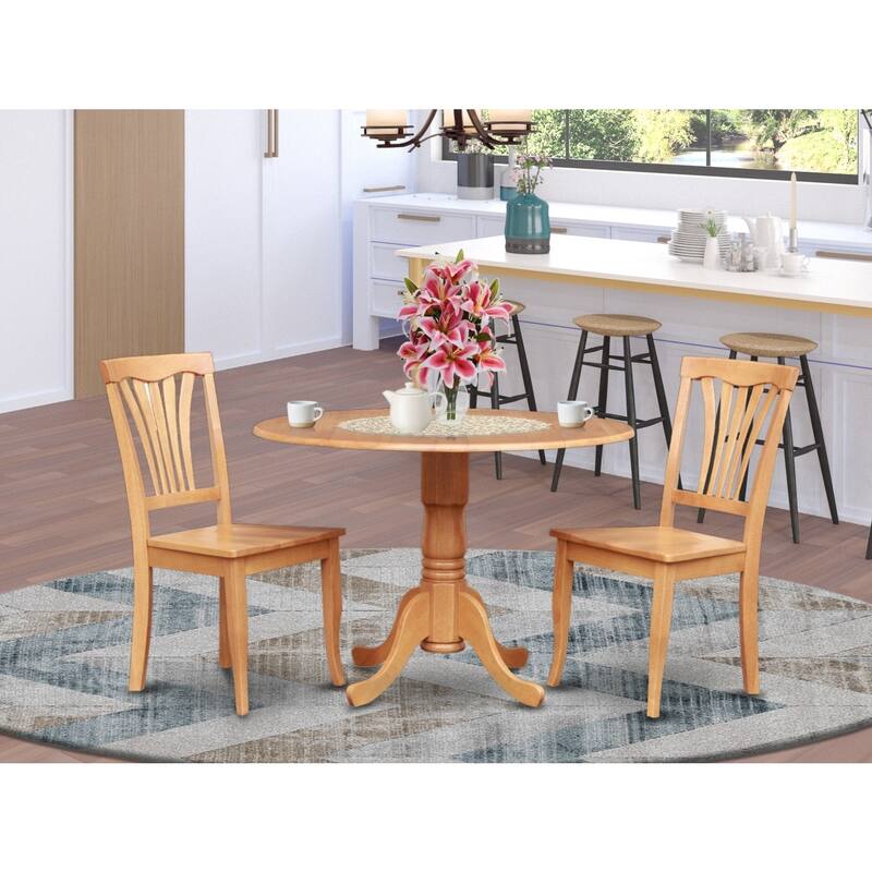 Dining Table Set with 2 Chairs, Round Dropleaf Kitchen Table, Solid Rubberwood, Saddle Brown Finish, 42x42 Inch
