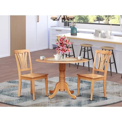 Dining Table Set with 2 Chairs, Round Dropleaf Kitchen Table, Solid Rubberwood, Saddle Brown Finish, 42x42 Inch