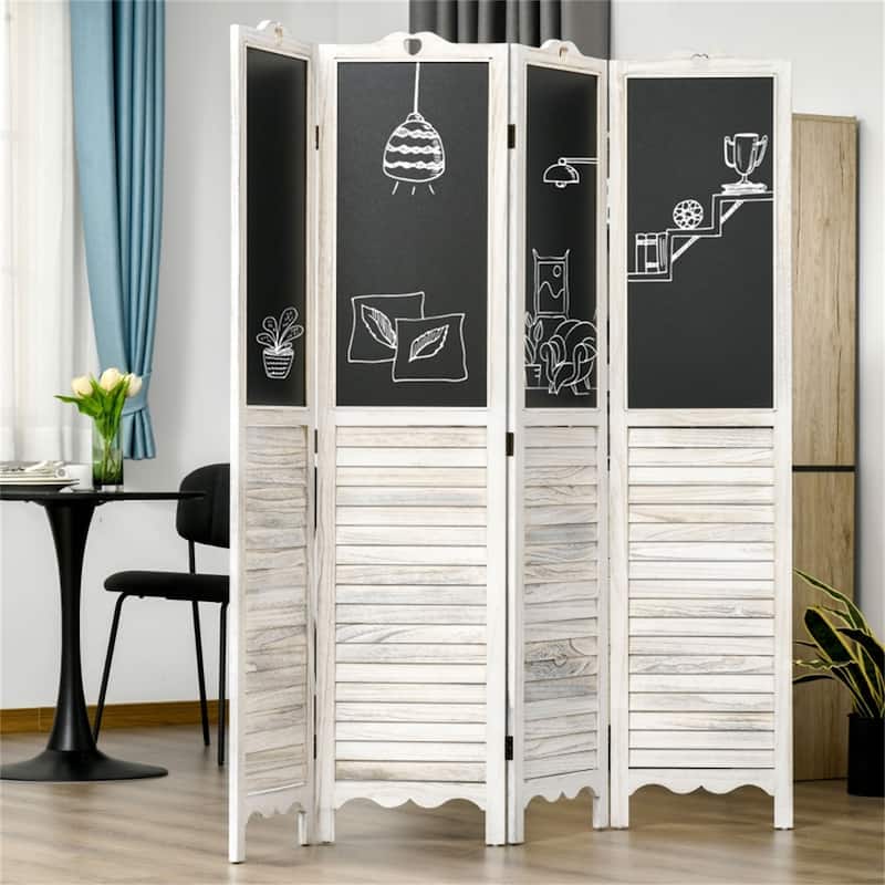 White-Black Paulownia Wood Blinds Room Divider with Blackboard - 63.8" L x 67.75" H x 0.75" T