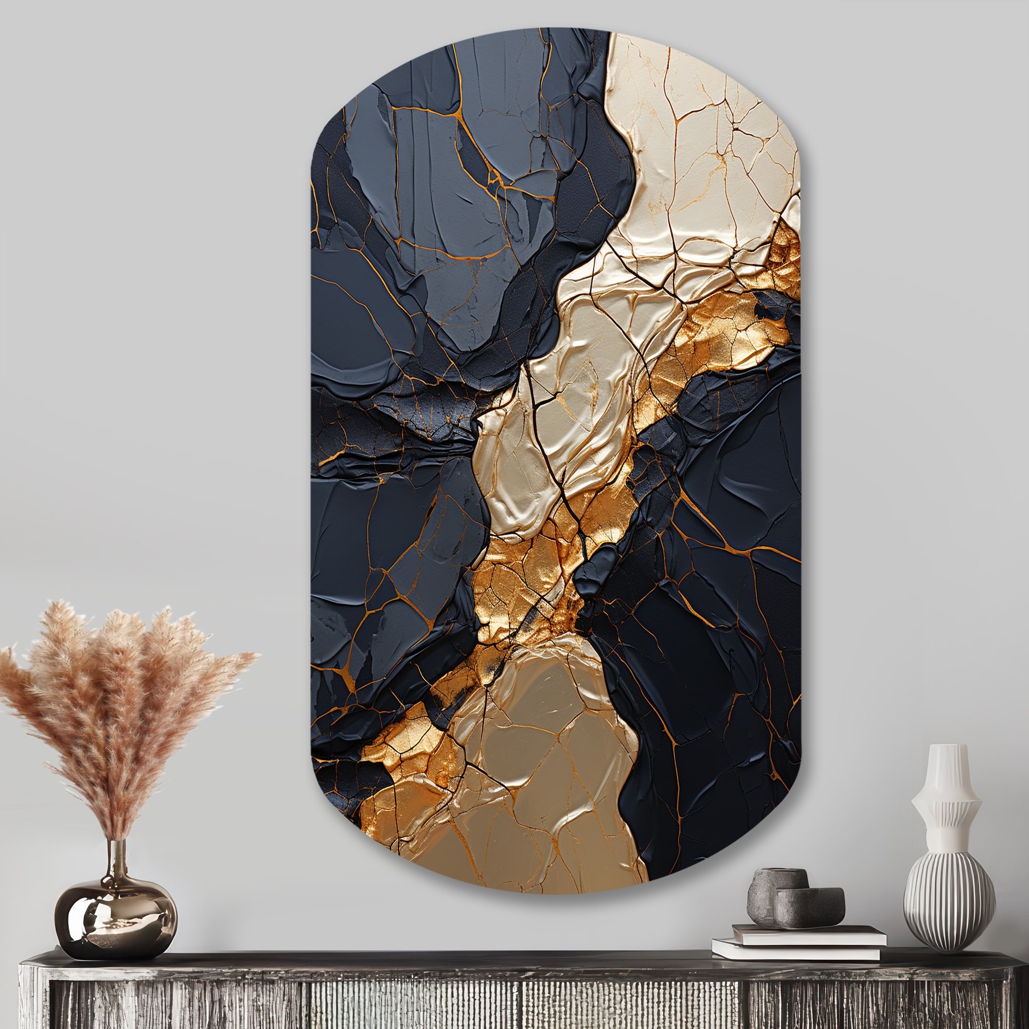 Minimalism Chrome Gold And Black Poteries II - Abstract Spirals Metal Artwork - Modern Metal Cylinder Shape Print