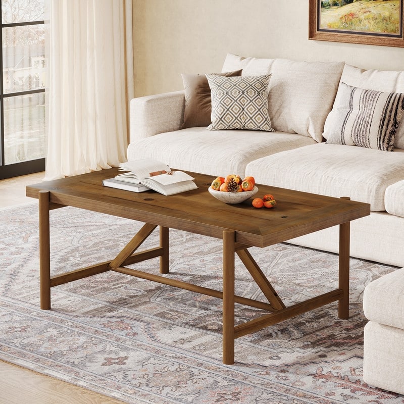Farmhouse Solid Wood Coffee Table with Spacious Tabletop, 47-Inch Center Tea Table for Living Room
