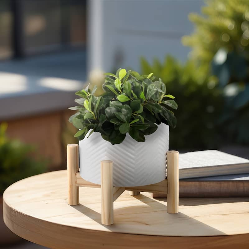 Ceramic Planter Trendy White Planter Elevated on Wooden Stand with Chevron Design For Indoor or Outdoor Plants - 6" x 6" x 6"