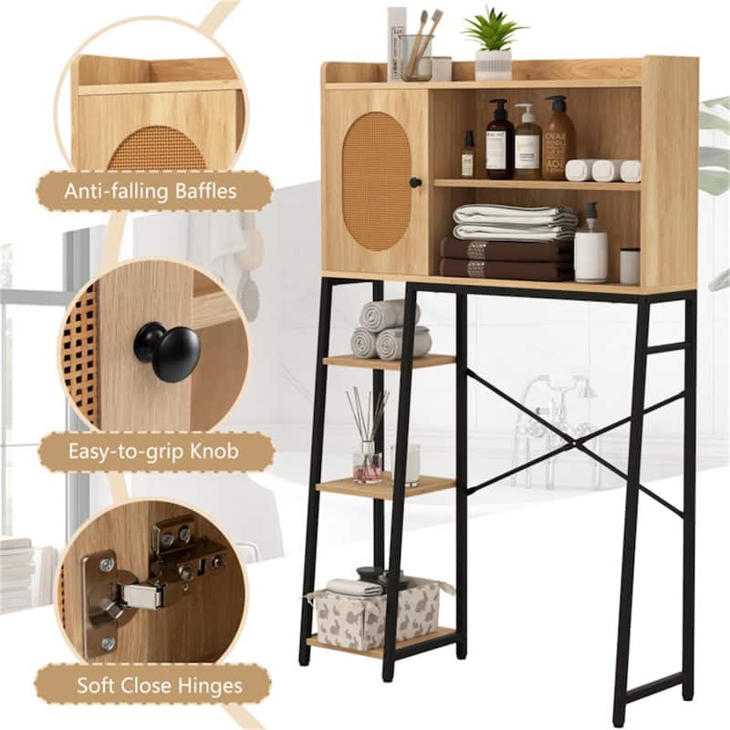 Bathroom Storage Shelf Over Toilet with PE Rattan Door and Adjustable Shelves Metal Frame - 35” x 11.5” x 55” (L x W x H)