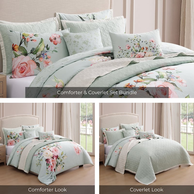 Bebejan Rose on Misty Green 8 Piece Reversible Comforter & Coverlet Set