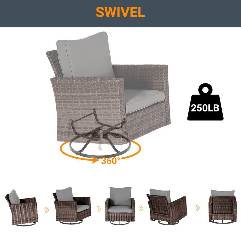 LIVOOSUN 3-Piece Patio Sofa Set Brown Rattan Swivel Rocking Chair Glass Table