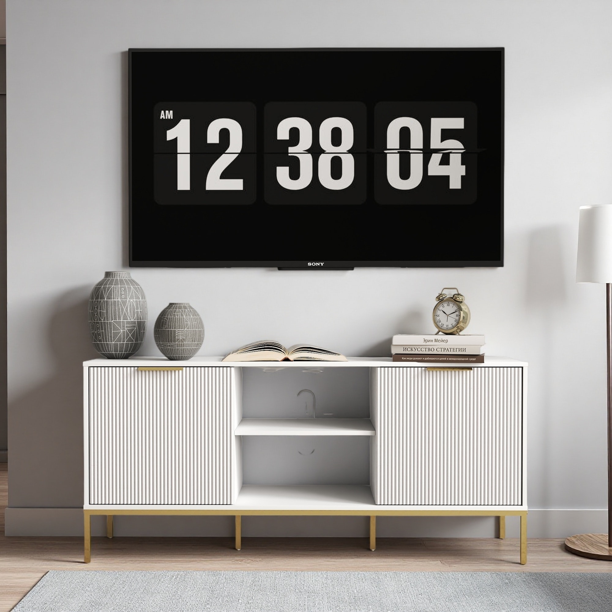 60" MDF Wave-Door Modern TV Stand with Adjustable Shelf and Open Display Storage for Bedroom or Living Room