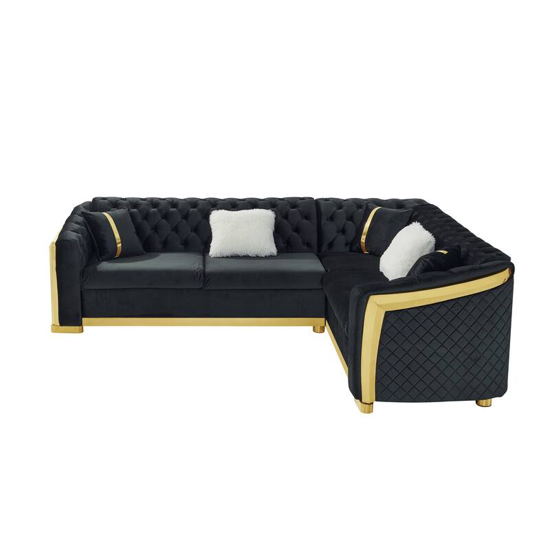 106 Inches L-Shaped Chesterfield Sectional Sofa Set, Velvet Button Tufted with Gold Stainless Steel Accents, Black