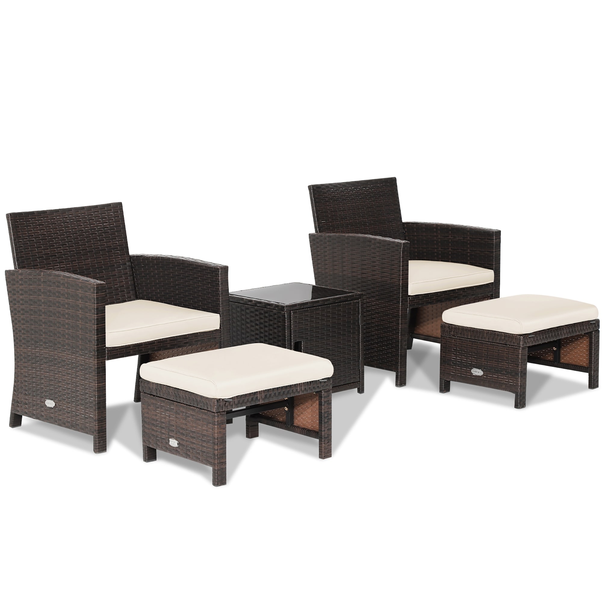 5 PCS Patio Furniture Set PE Rattan Chairs& Ottoman Set W/ End Table