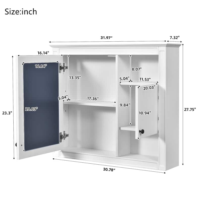 Roomfitters 32" Wall Cabinet with Mirror, Medicine Cabinet with 3 Shelves, Over Toilet Storage Organizer for Bathroom, White