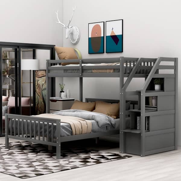 slide 2 of 31, Multifunctional Twin over Full Wooden Loft Bunk Kids Bed with Storage Staircase,High Guardrails and Ladder Grey