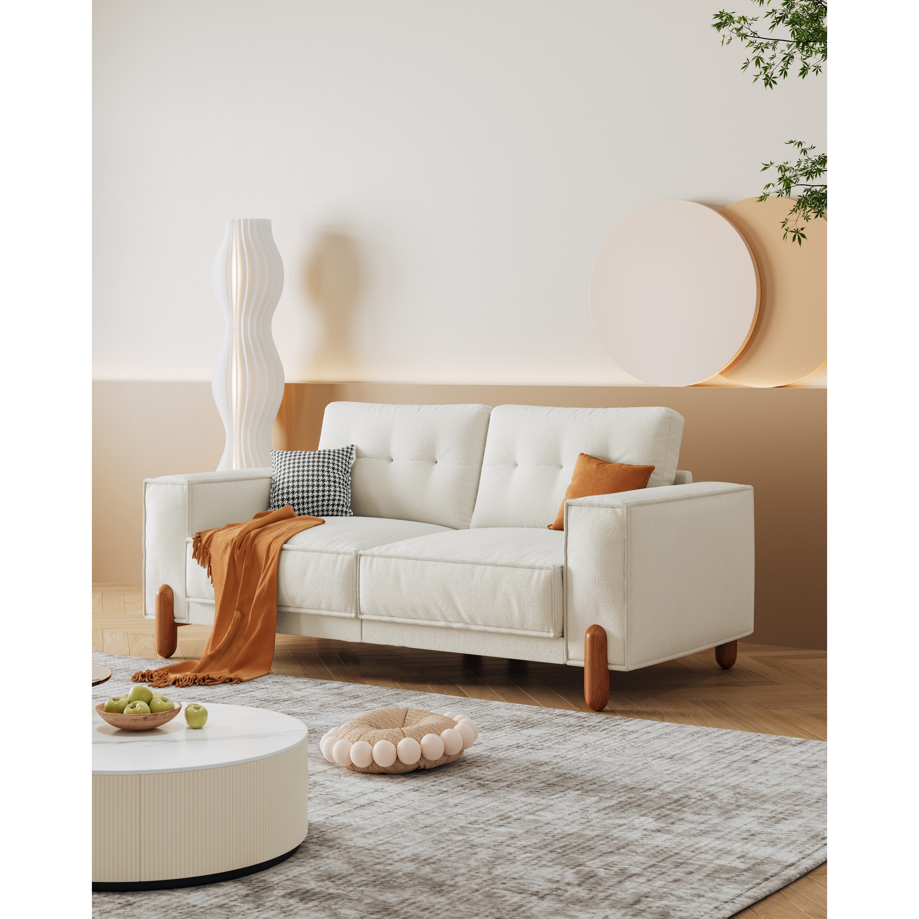 Modern Tufted Sofa Couches Cloud like Fabric Loveseat Square Arm Sofa with 2 Pillows for Living Room Apartment