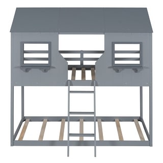 Twin Over Twin House Bunk Bed with Safe Guardrail,Solid Wood Bed with Roof