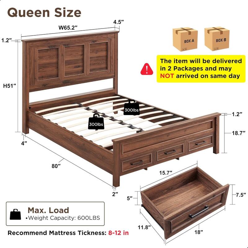 Farmhouse Queen Wood Bed Frame with 52" Tall Headboard & Footboard