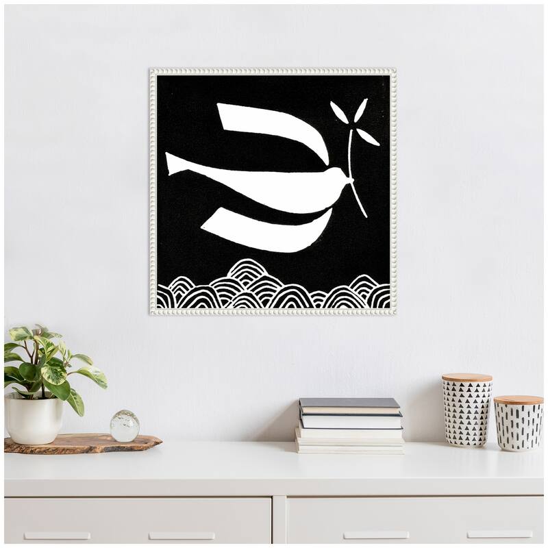 Kate and Laurel Sylvie Volare 2 Black and White Bird Linocut Framed Canvas by Giuliana Lazzerini