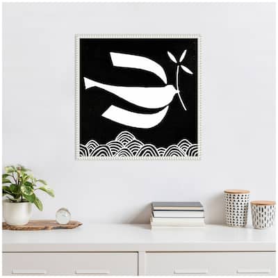 Kate and Laurel Sylvie Volare 2 Black and White Bird Linocut Framed Canvas by Giuliana Lazzerini