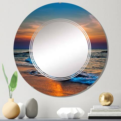 Designart 'Bright Sunset Of Waves Breaking At The Shore' Nautical & Coastal Printed Wall Mirror