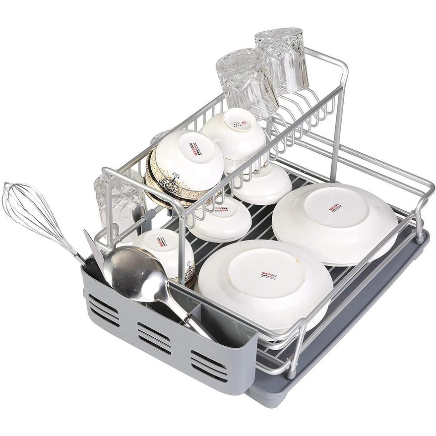 2-Tier Collapsible Dish Rack with Removable Drip Tray - 19.3-22 x 12.2 x 11.8(L x W x H) - Black
