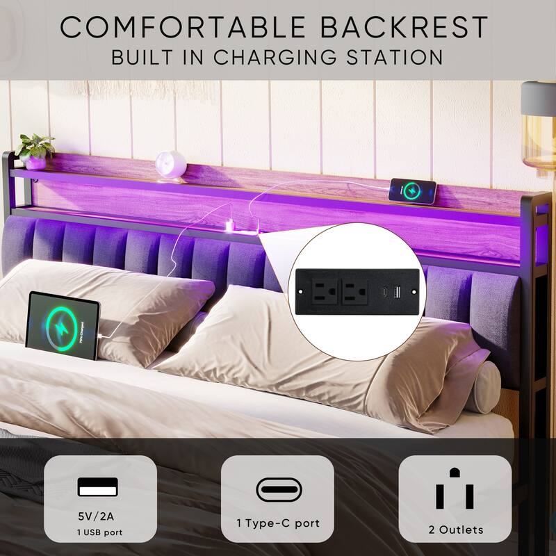 King Size LED Upholstered Platform Bed with Charging Station & Drawers