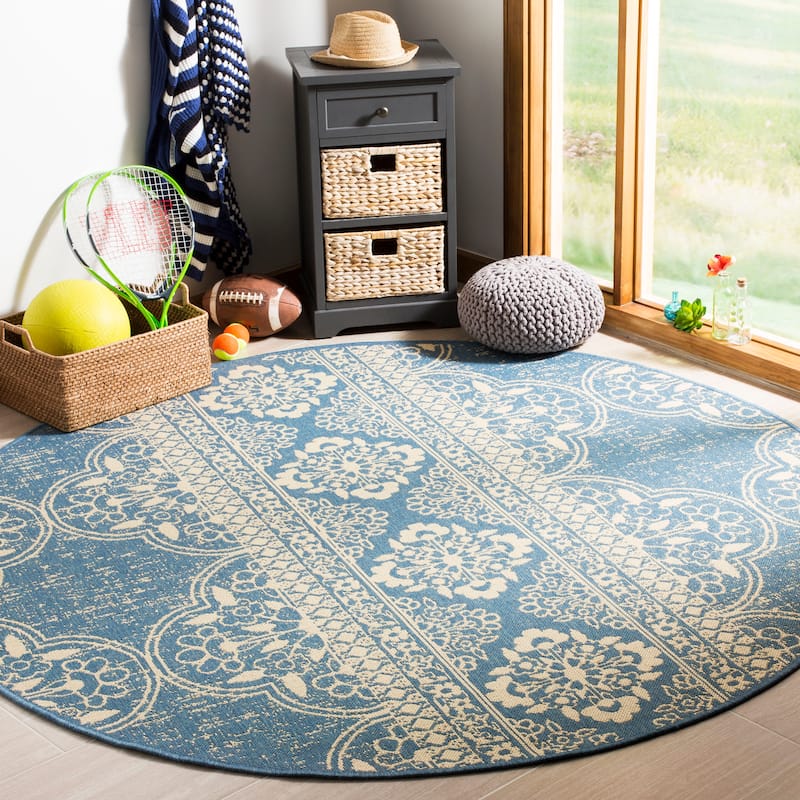 SAFAVIEH Linden Aysel Indoor/ Outdoor Waterproof Patio Backyard Rug - 6'7" Round - Cream/Blue