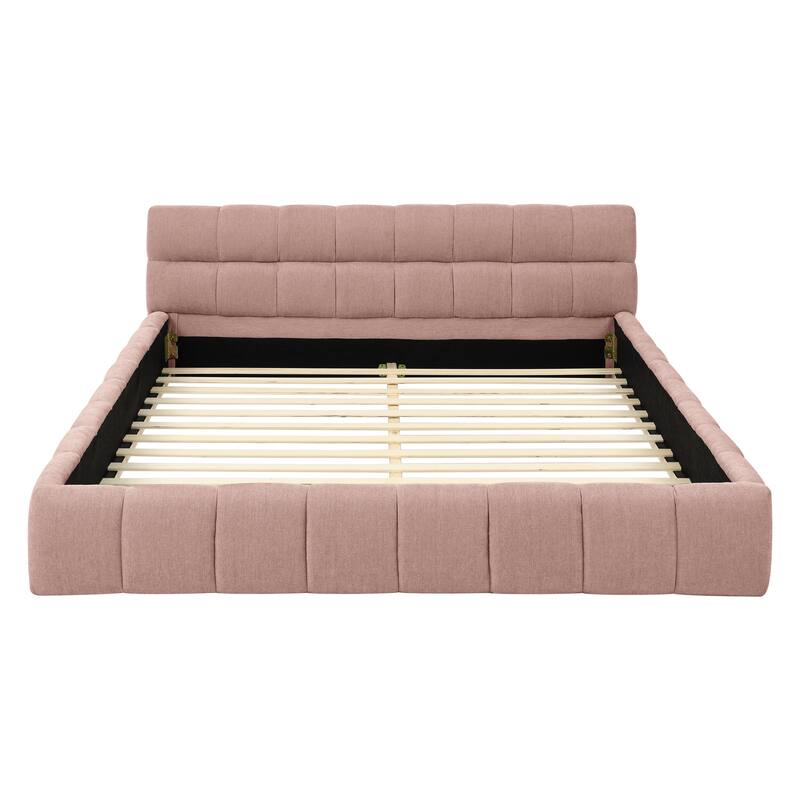 Chenille Fabric Grounded Queen Size Platform Bed with Headboard and Solid Frame