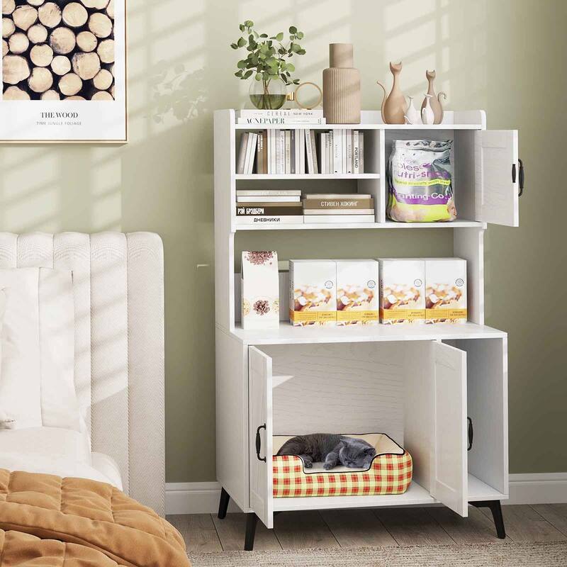 Gymax Large Cat Litter Box Enclosure w/ Display Storage Shelves Hidden